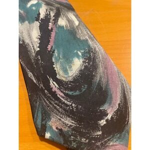 VTG 90s Contissima Italy Silk Tie Abstract Art Swash Hand Made Grey‎ Teal Lilac